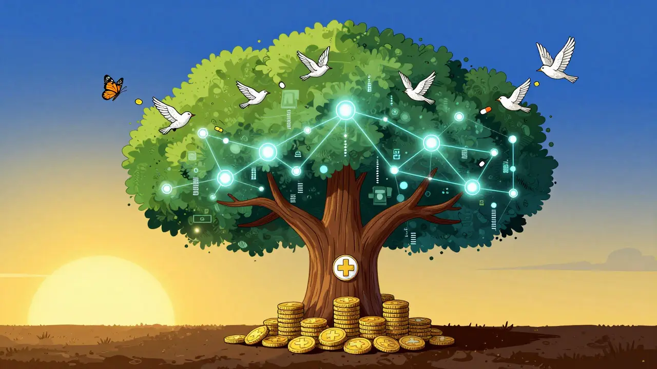 Conceptual art depicting healthcare market growth through a tree of coins and digital networks