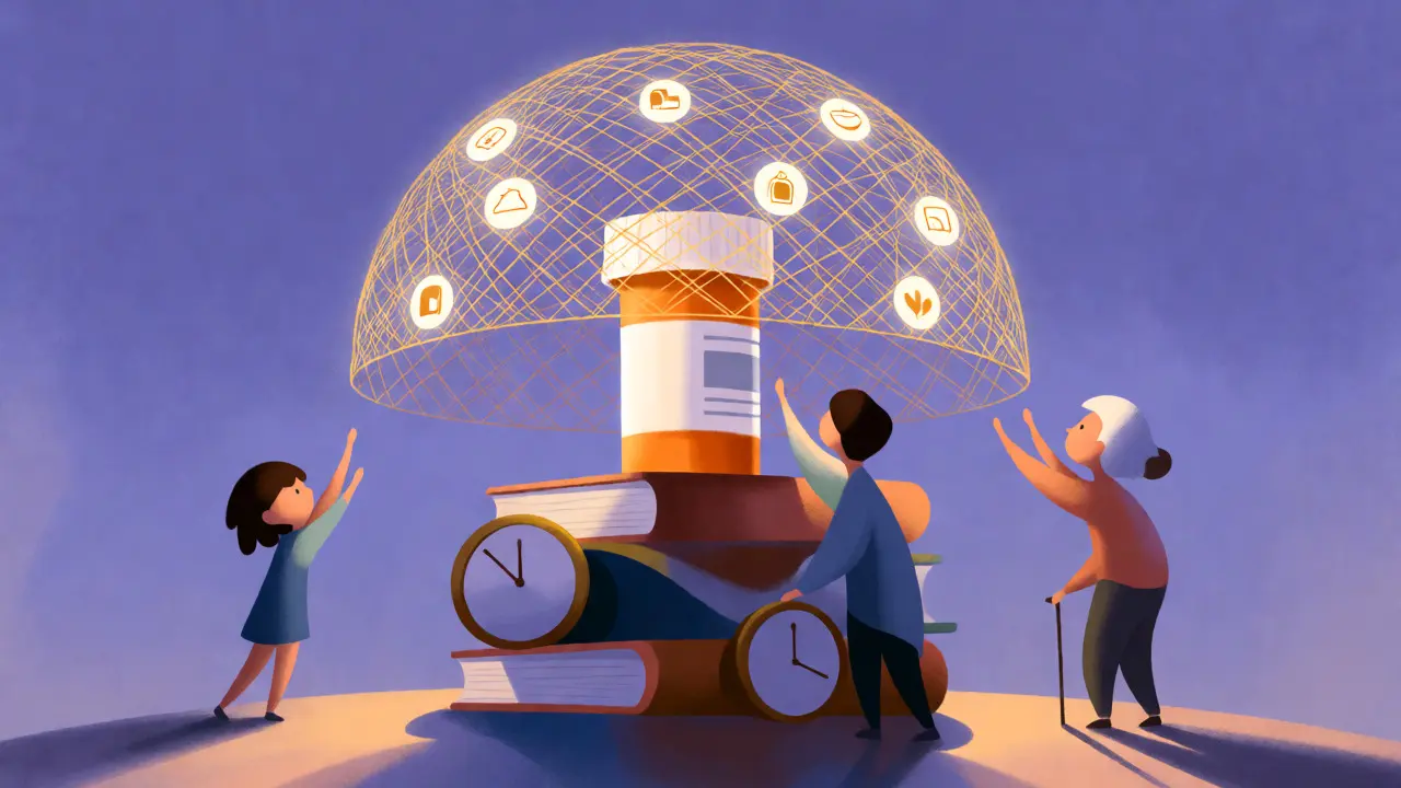 Conceptual surreal image of a prescription bottle protected by a glowing safety dome