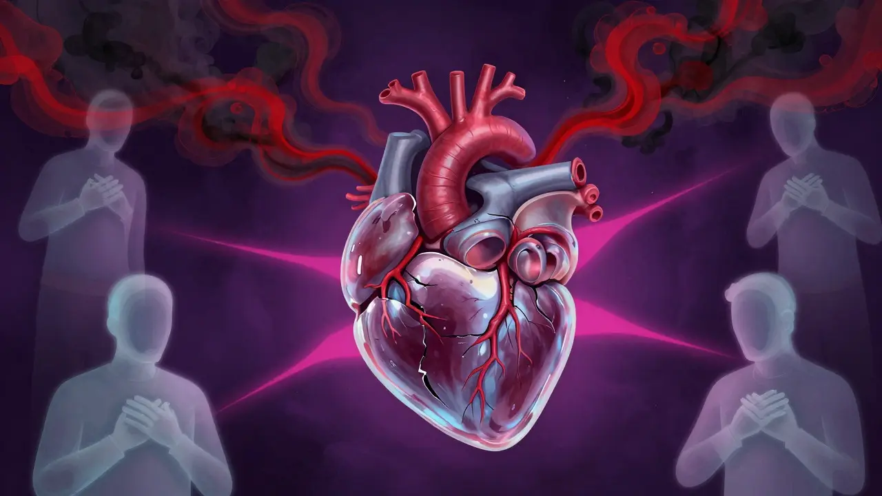Glass heart cracking under pressure from swirling smoke clouds