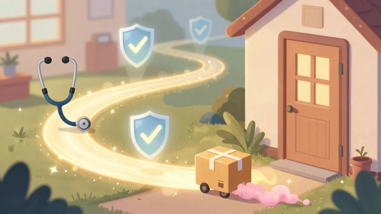 Glowing path connecting a stethoscope to a home door with a traveling parcel