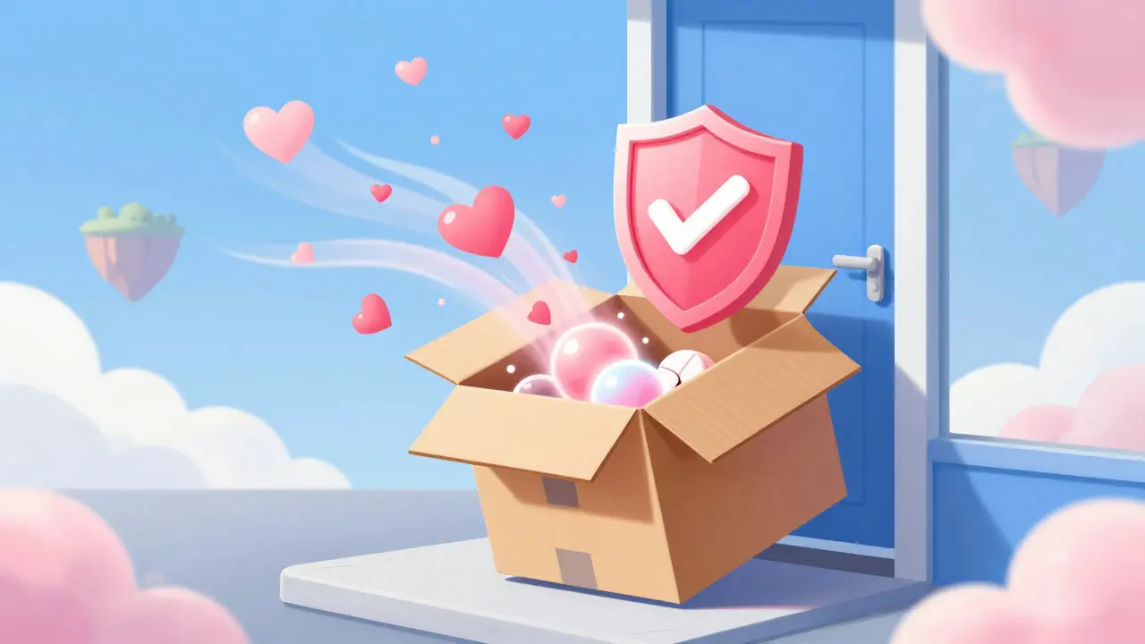 Plain delivery box opening with protective shield symbolizing safe online medication