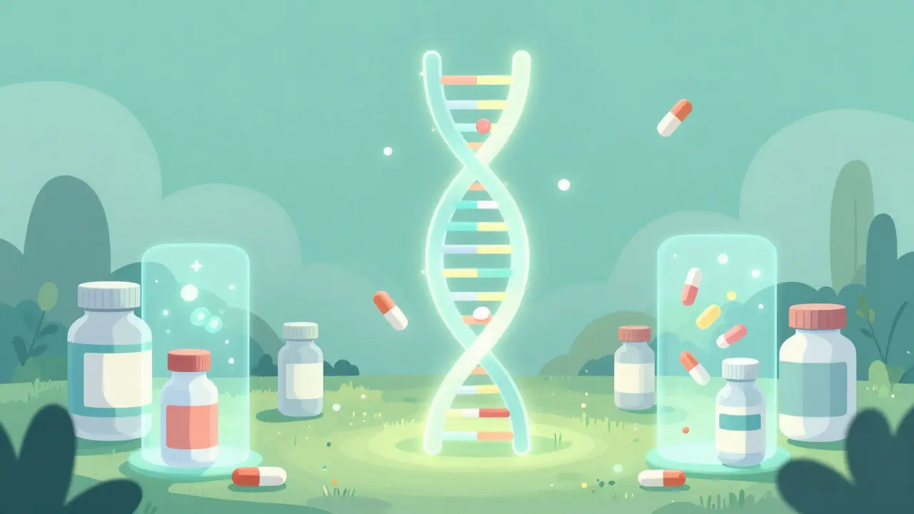Surreal art of DNA helix filtering medications for safe personalized treatment