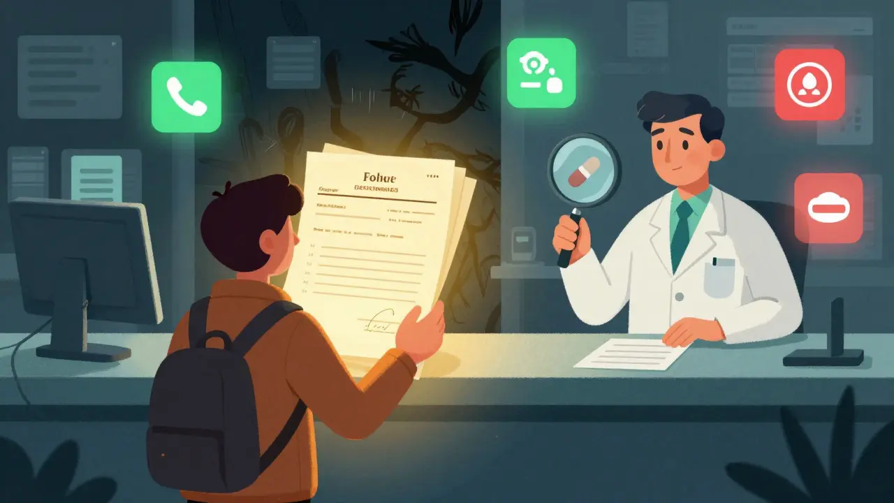 Surreal art of traveler using translated medical documents at a foreign pharmacy counter