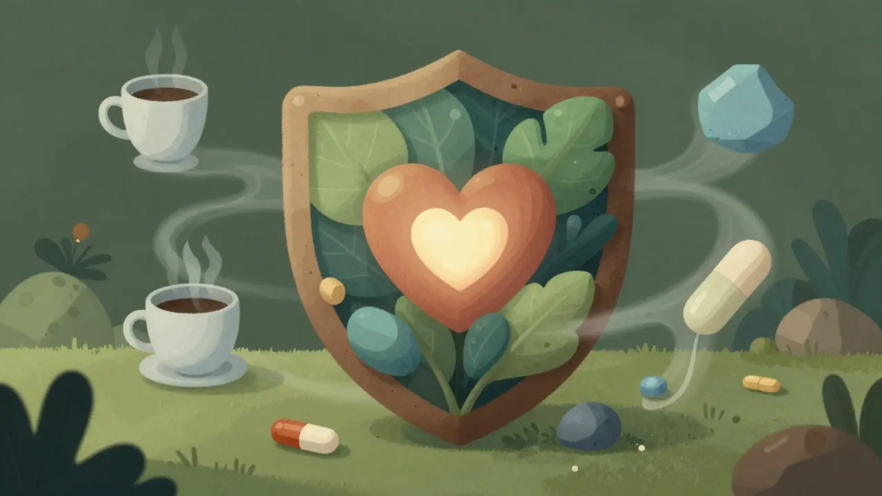 Surreal art showing a protective shield guarding a heart from surrounding environmental elements
