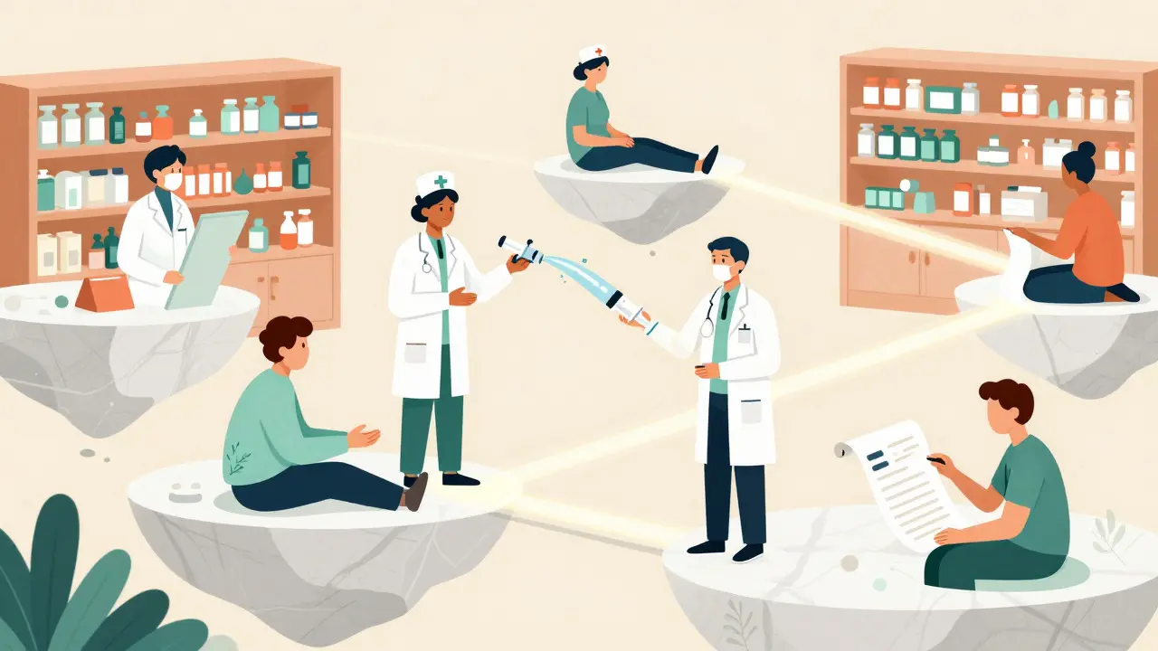 Surreal cartoon showing a collaborative specialty pharmacy team providing patient care