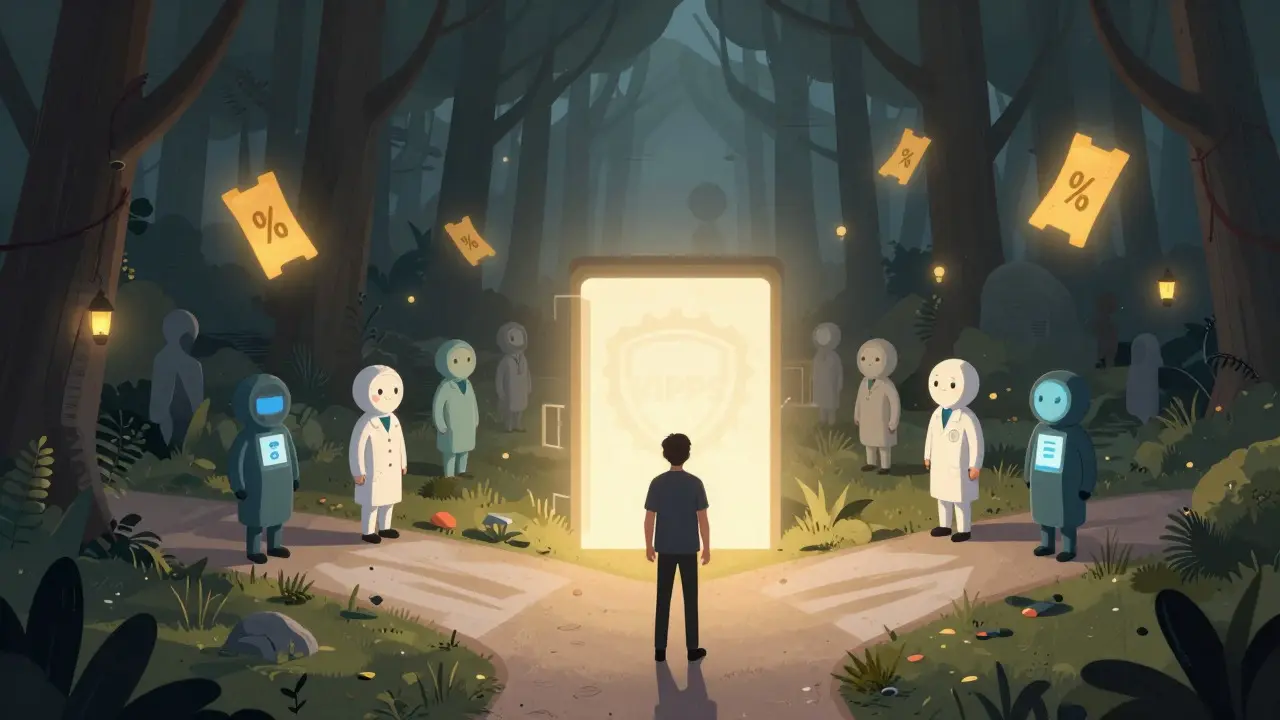 Surreal cartoon showing a safe digital path for buying meds vs a dark scam zone.