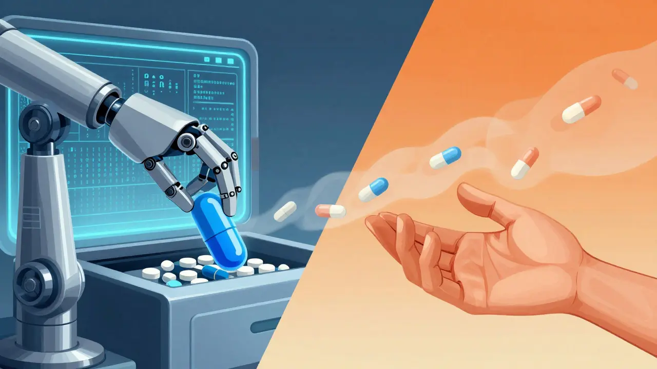 Surreal illustration contrasting robotic pill dispensing with hesitant human hands.