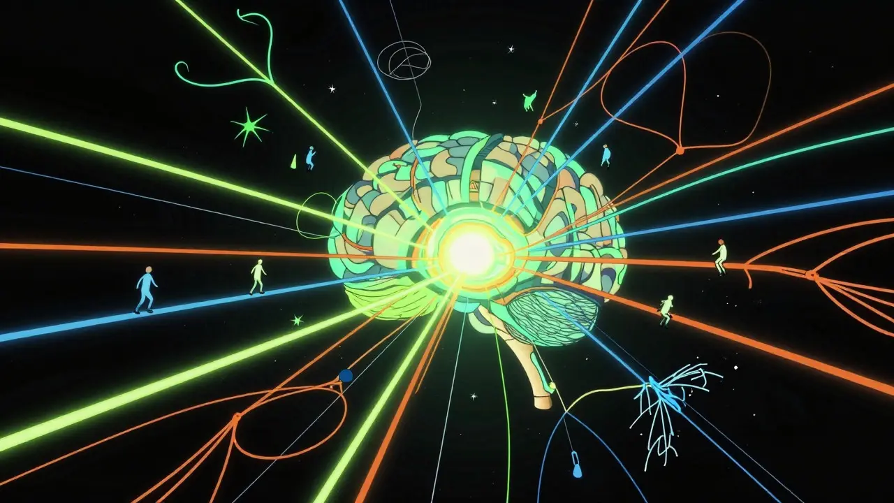 Surreal illustration of tangled neural pathways in the brain