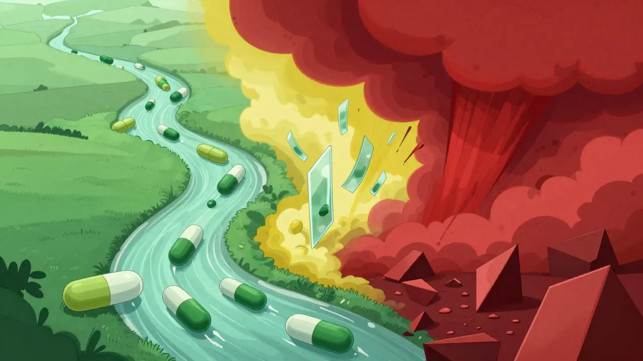 Surreal illustration showing green, yellow, and red zones representing drug compliance levels