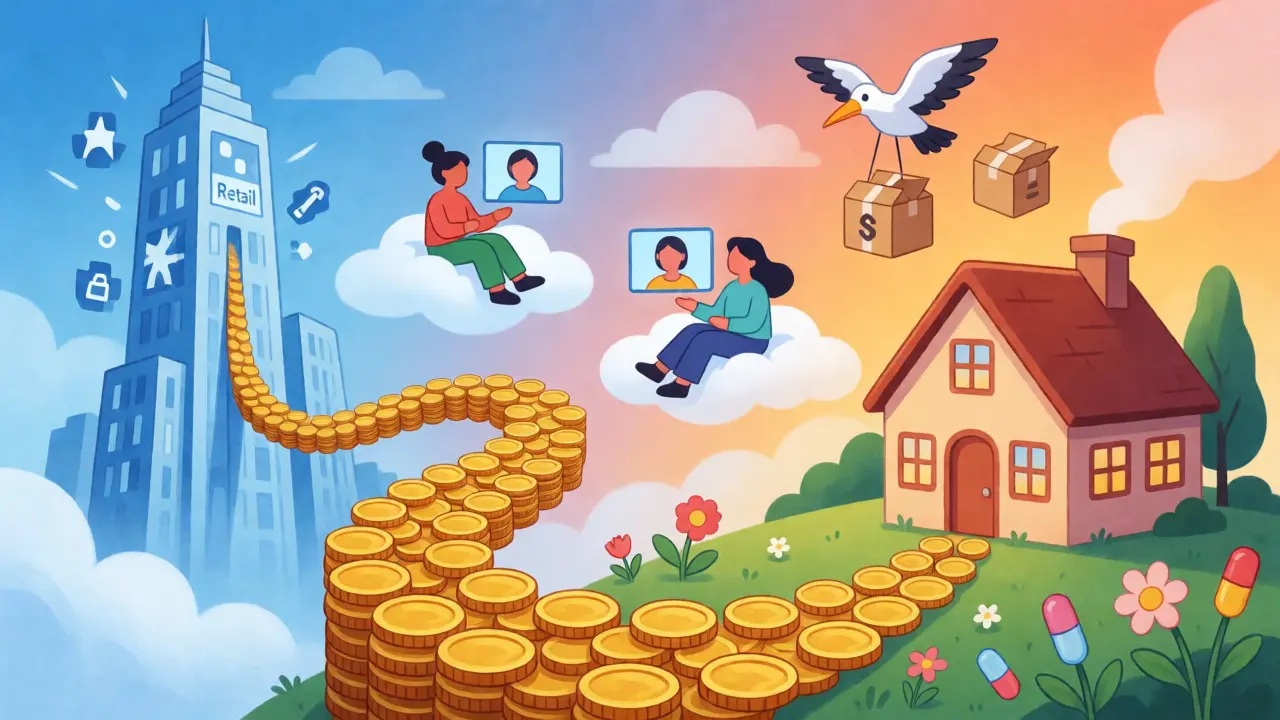 Abstract illustration of a path from costly retail to affordable telehealth care.
